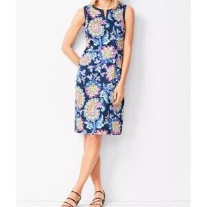 Talbots Shift Dress Womens 6 Blue Paisley Sleeveless  Split Neck Cotton NWT